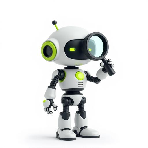 Animated robot with magnifying glass — symbol of analysis and process